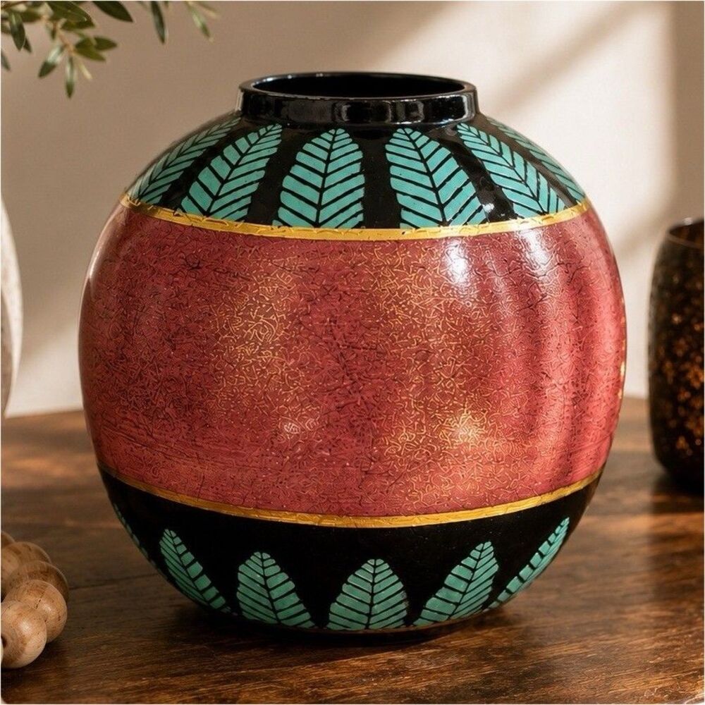 Vintage Decorative Art Pottery Vase – Hand Painted Leaf Motif Round Vase 6”